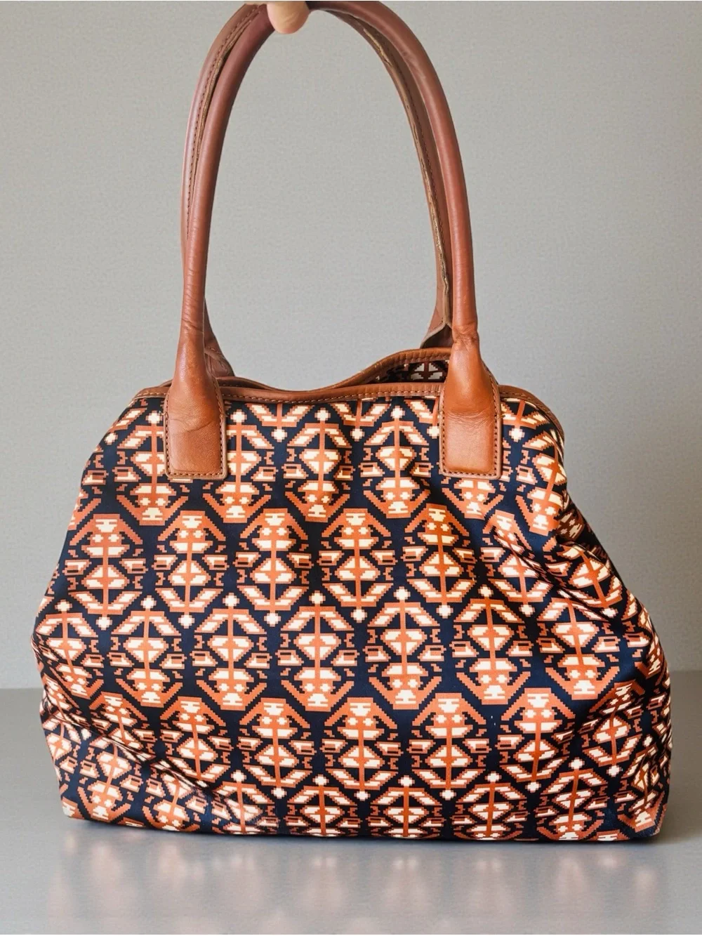 Tory Burch Ella Aztec Navy and Orange Geometric Tote with Brown Leather Handles - Picture 3 of 12